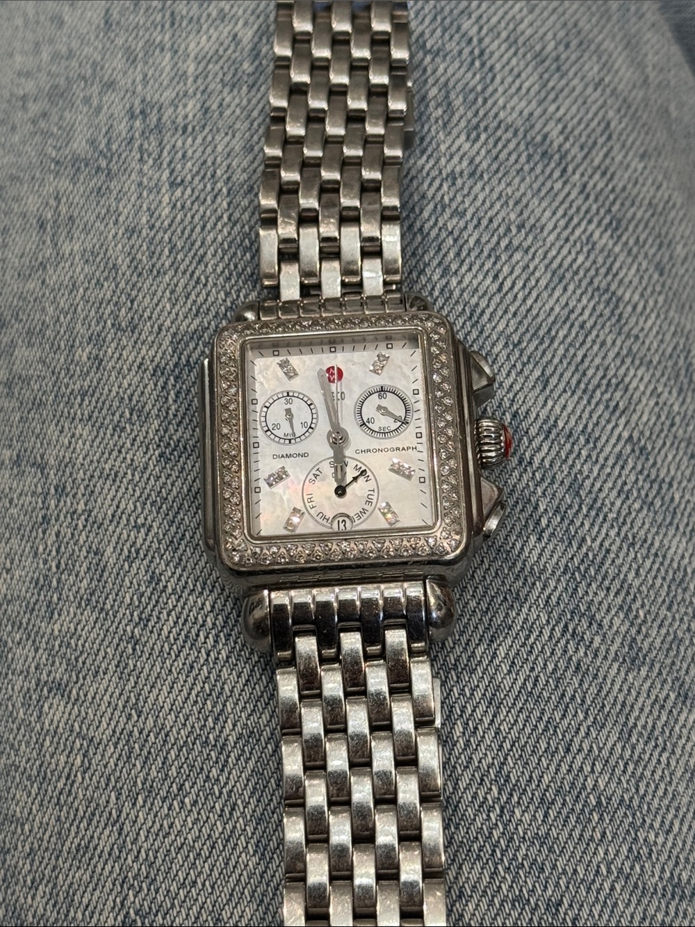 Authentic Michele Silver-Tone Diamond Accent Square Chronograph Watch with